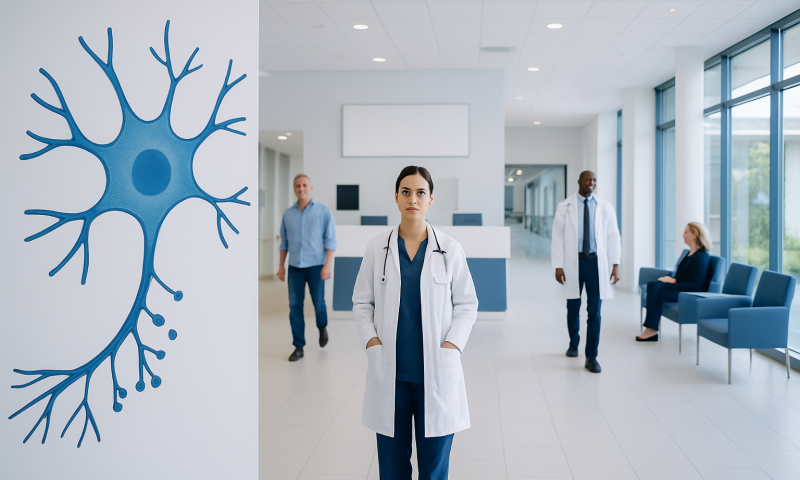 Medical team in hospital lobby with neuron illustration on wall.