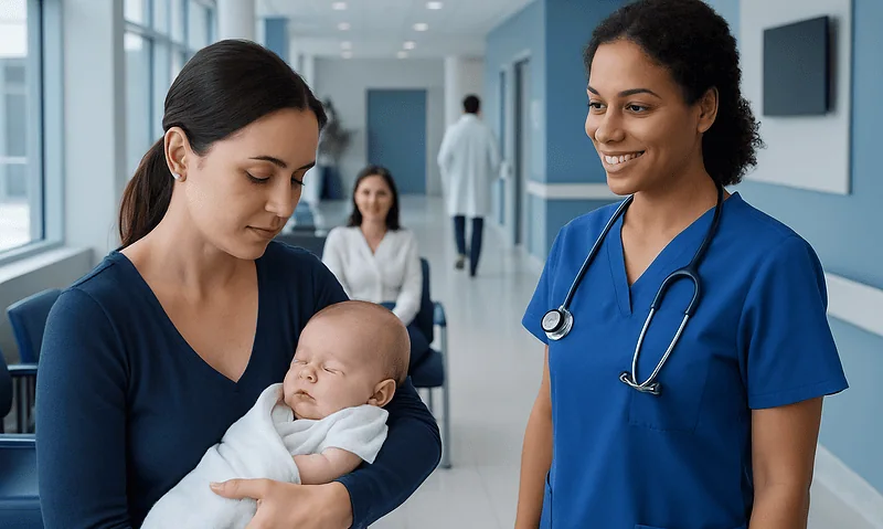 Mother holding newborn in hospital corridor with healthcare professionals nearby.