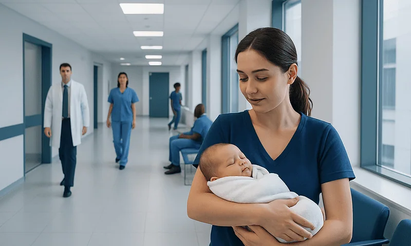 Nurse holding a newborn baby in a hospital corridor with medical staff in background.
