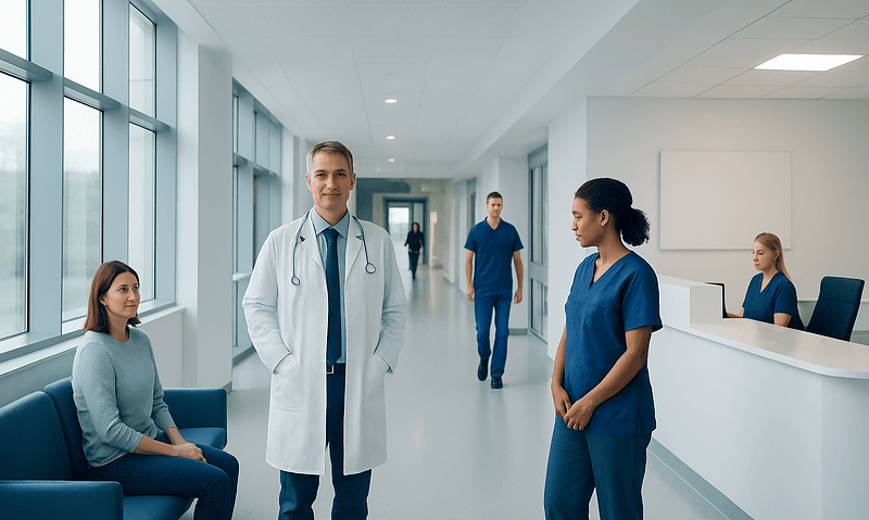Medical team in hospital corridor with patient and staff members.