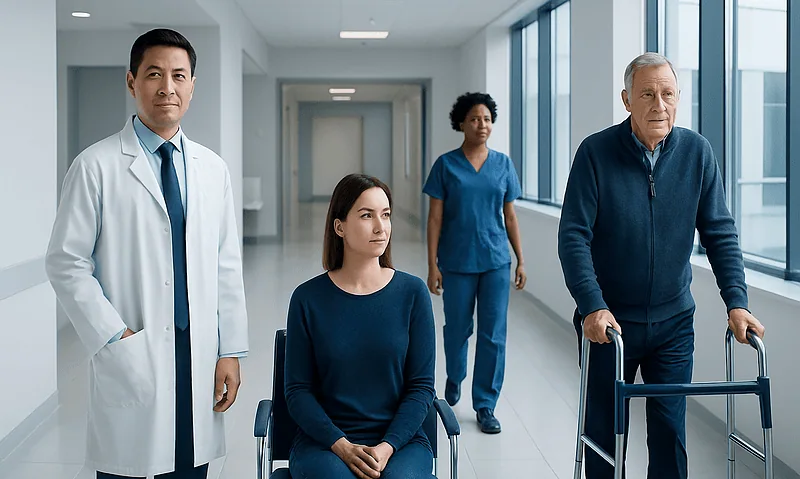 Medical team with patient in hospital corridor at Acibadem Hospitals Group.