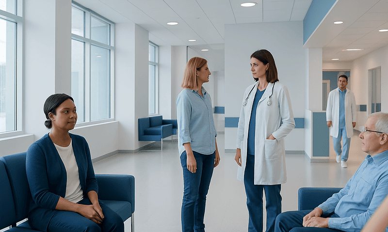 Medical consultation in a modern hospital with doctors and patients.