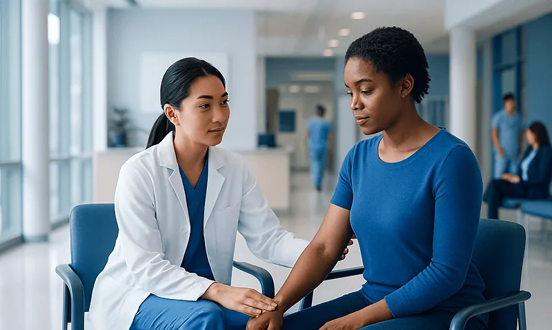 Doctor examining a patient in a modern hospital corridor.