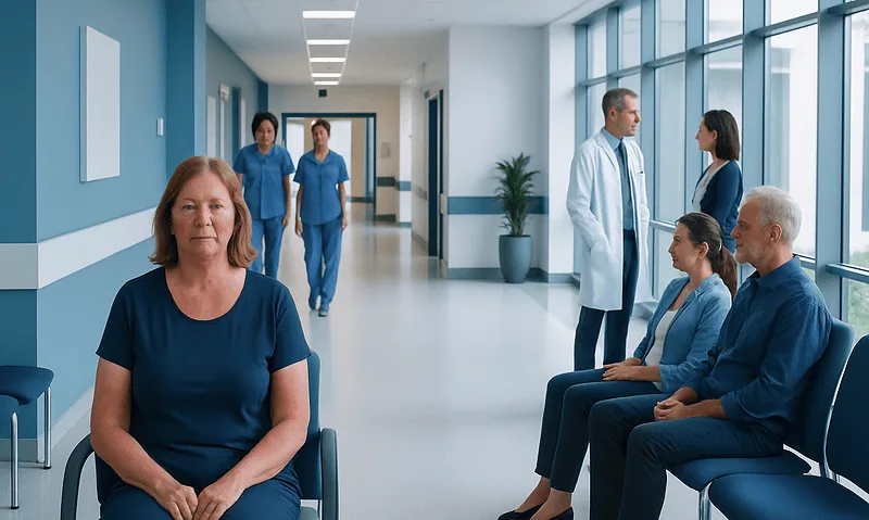 Patients waiting in a hospital corridor with medical staff nearby.