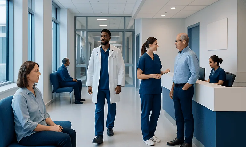 Healthcare professionals and patients in a modern hospital corridor.