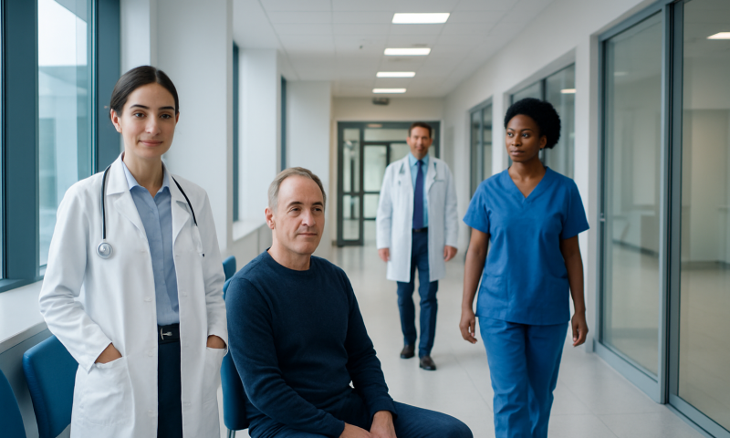 Medical team with patient in hospital corridor at Acibadem Hospitals Group.