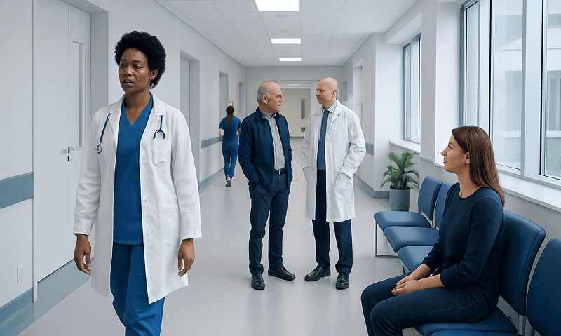 Medical professionals and patient in hospital corridor at Acibadem Hospitals Group.