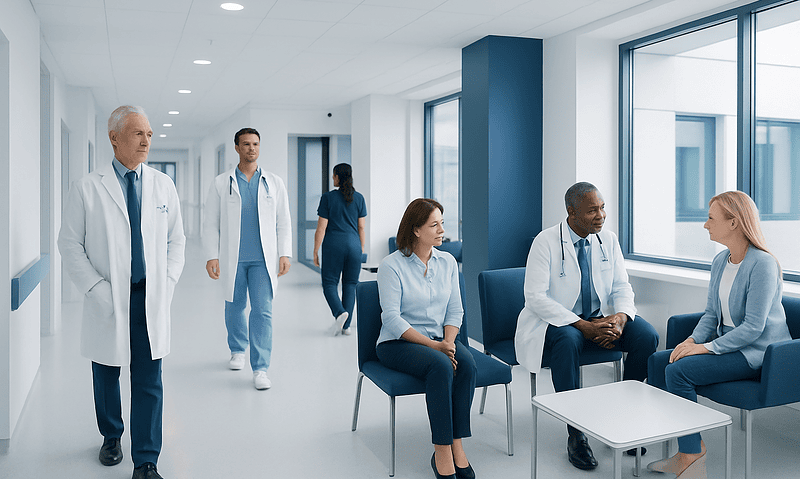Medical team consulting in a modern hospital corridor with patients and staff.