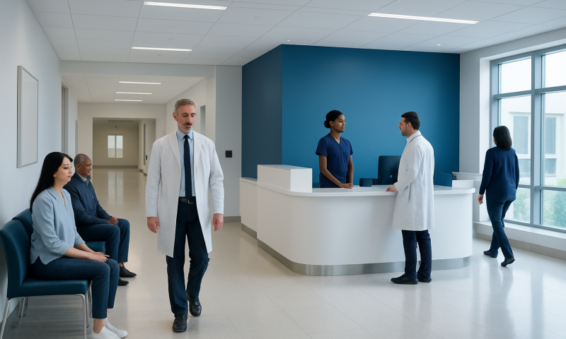 Hospital waiting area with doctors and patients in a modern medical facility.