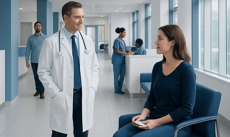 Doctor talking to a patient in a modern hospital corridor.