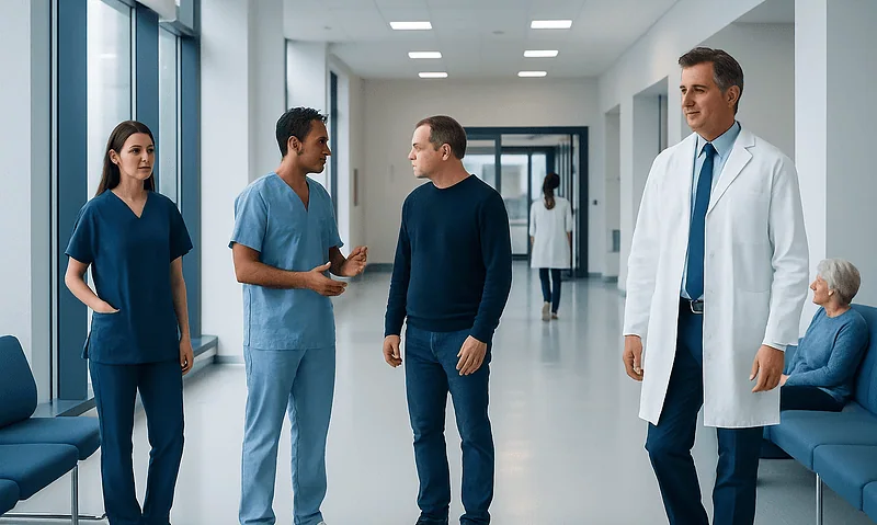 Medical professionals and a patient in a hospital corridor at Acibadem Hospitals Group.