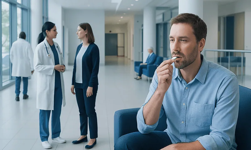 Man contemplating in hospital lobby with medical staff in background.