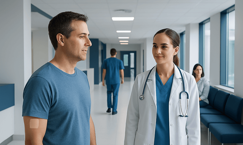 Patient talking to doctor in hospital corridor with medical staff in background.