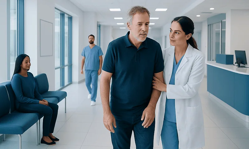 Doctor comforting a patient in a hospital corridor.
