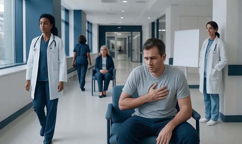 Patient experiencing chest discomfort in hospital corridor with medical staff nearby.