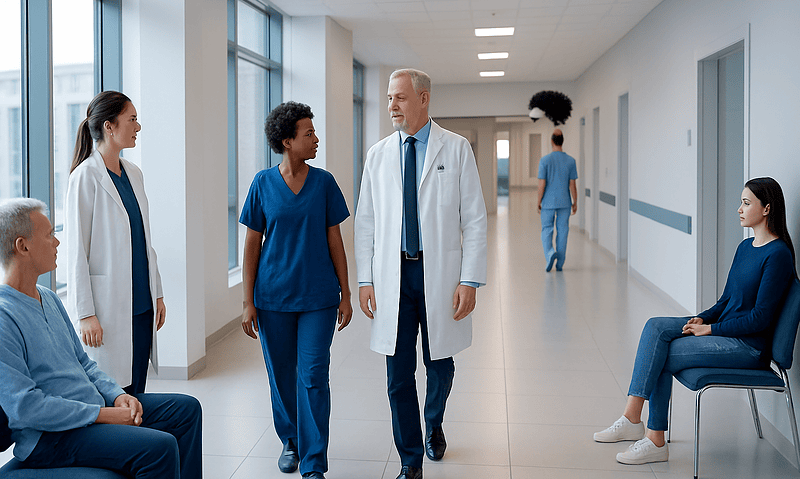 Medical team consulting in hospital corridor with patients and staff.