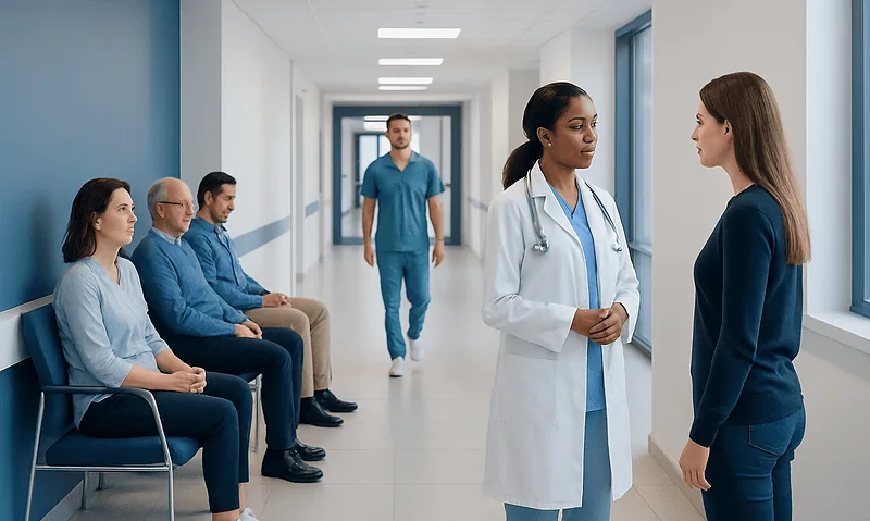 Medical staff and patients in a hospital corridor.