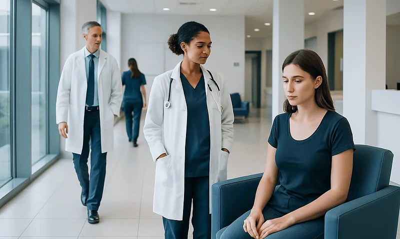 Nipple Piercing Pain: Possible Causes and When to Seek Care 11 Medical professionals consulting a patient in a hospital corridor.