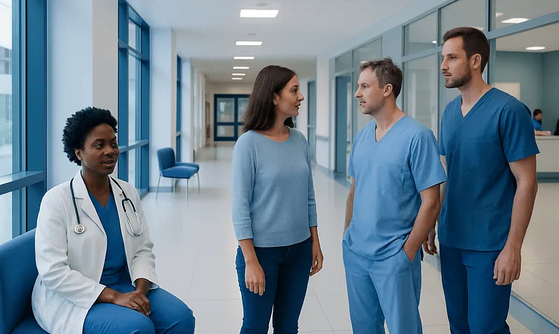 Medical team discussing patient care in hospital corridor.