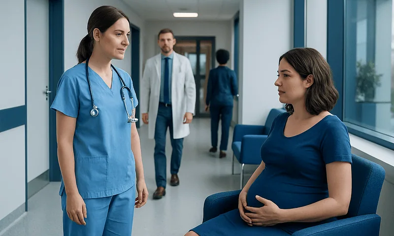 Pregnant woman consulting with healthcare professionals in hospital corridor.