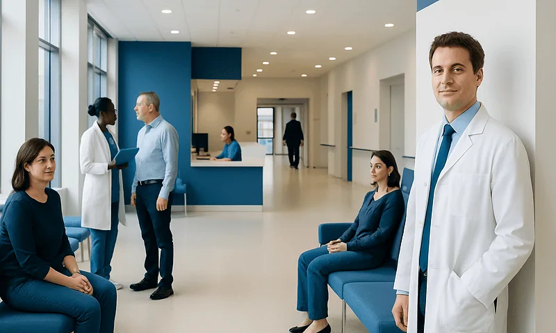 Modern hospital waiting area with doctors and patients in a healthcare facility.