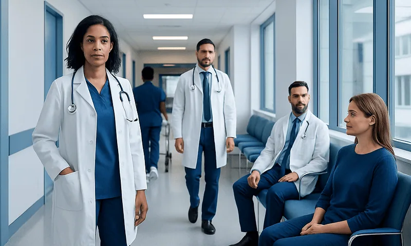Healthcare professionals in a hospital corridor with patients and staff.