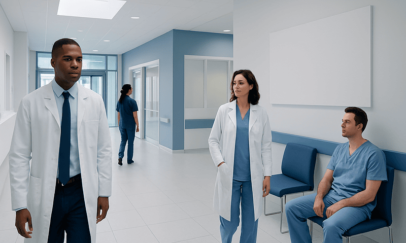 Nitric Oxide — Explained by Medical Evidence, Not Myths 8 Medical team in hospital corridor with patient in waiting area.