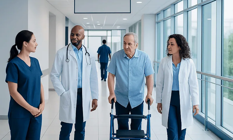 Nitrite: What Patients Need to Know 4 Medical team walking with patient in hospital corridor with large windows.