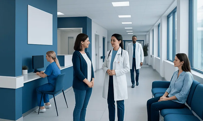 Medical staff and patients in a modern hospital corridor.