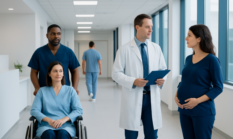 Medical team discussing patient care in hospital corridor.