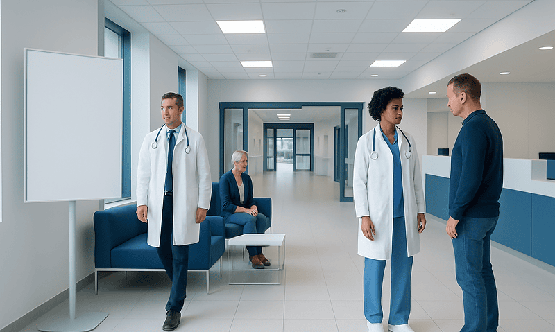 Medical professionals and patient in hospital corridor at Acibadem Hospitals Group.