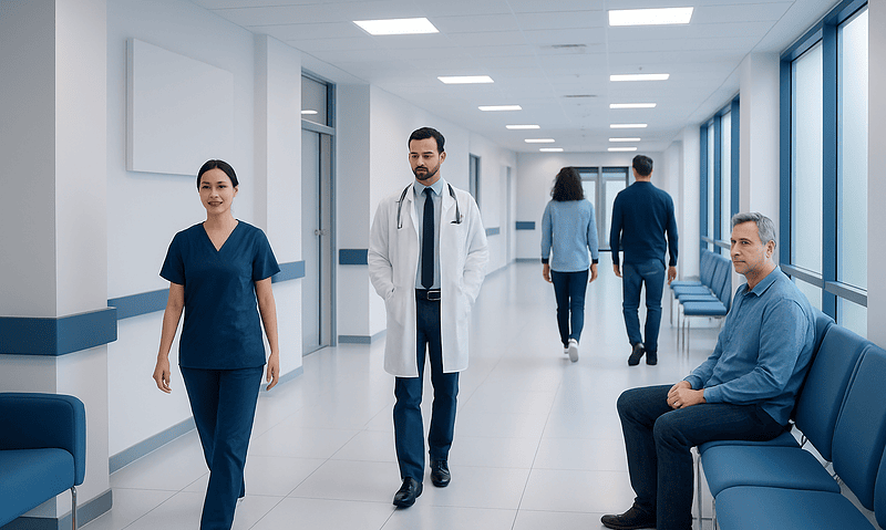 Medical professionals and patients in a modern hospital corridor.