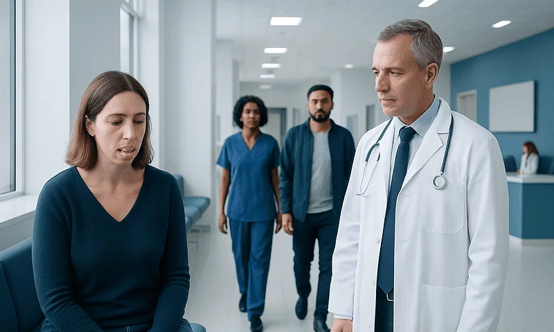 Doctor consulting a patient about tongue numbness in hospital corridor.