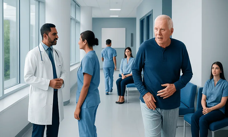 Senior man consulting with healthcare professionals in hospital corridor.