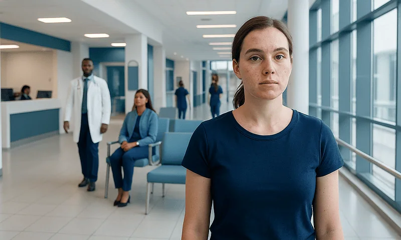 Young woman waiting in a hospital lobby with medical staff in the background.