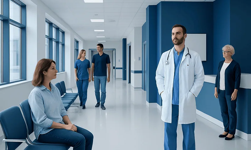 Medical consultation in a modern hospital corridor with healthcare professionals and patient.