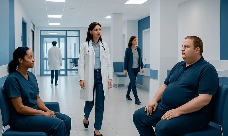 Medical staff consulting with a patient in a hospital corridor.