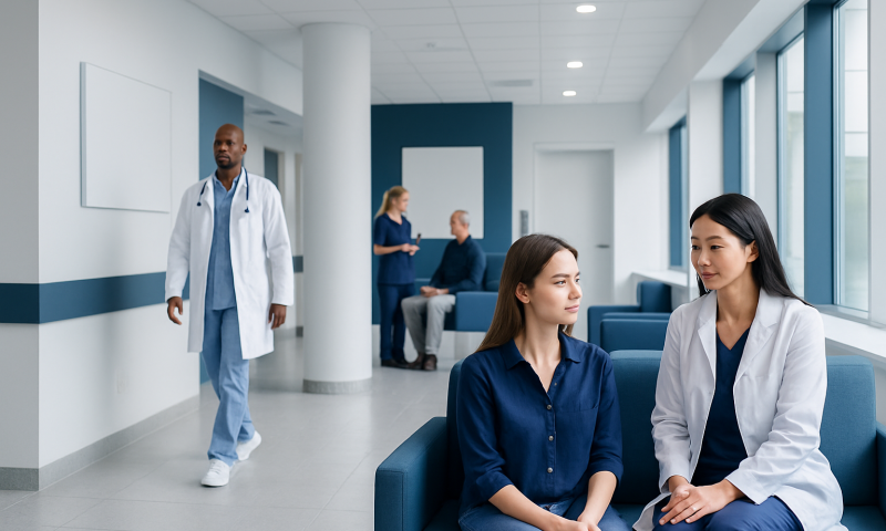 Medical professionals consulting in a hospital waiting area.
