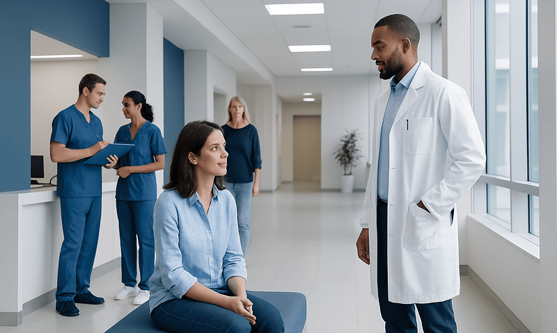 Doctor consulting a patient in a modern hospital corridor.