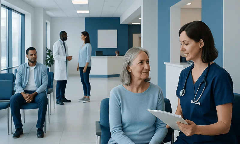 Healthcare professionals consulting with a patient in a modern hospital lobby.