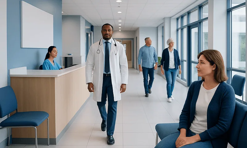 Healthcare professional walking in hospital corridor with patients and staff.