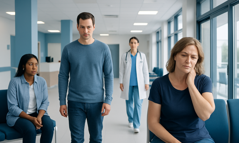 Patient experiencing neck swelling in a hospital waiting area.