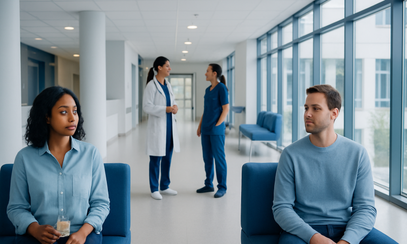 Patients waiting in a hospital corridor with medical staff in the background.