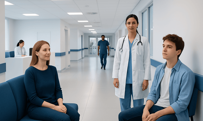 Medical consultation in a modern hospital corridor with doctor and patients.