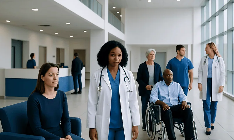 Diverse medical team in hospital lobby with patient in wheelchair.