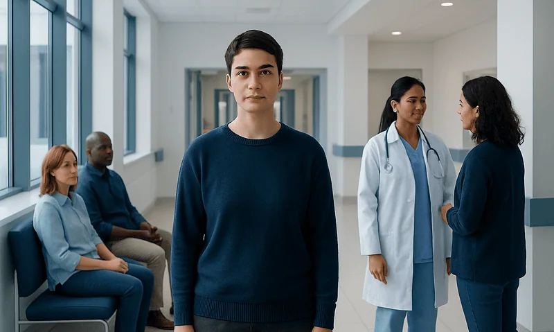 Diverse group of patients and healthcare professionals in hospital corridor.