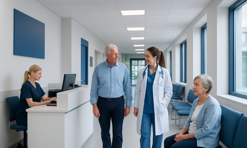 Medical professionals and patients in a modern hospital corridor.
