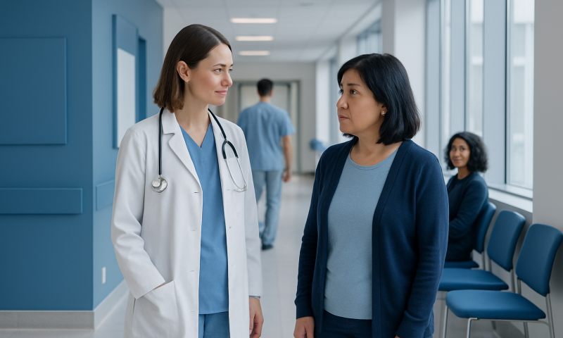 Doctor and patient engaging in nonverbal communication in hospital corridor.