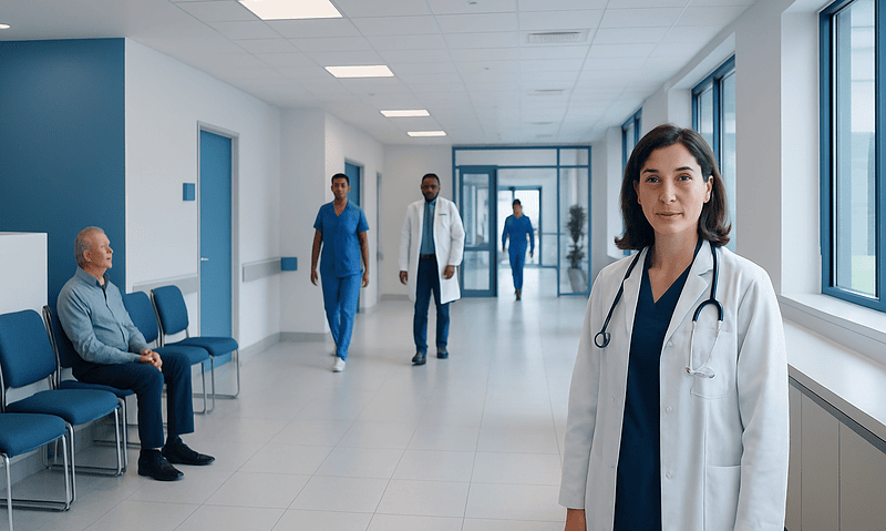 Medical team in hospital corridor with doctor in foreground and patients seated.