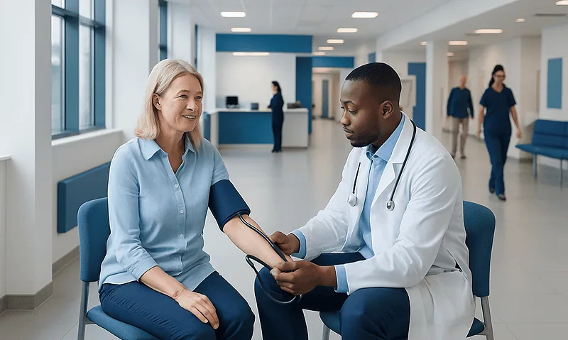 Doctor measuring patient's blood pressure in hospital corridor.